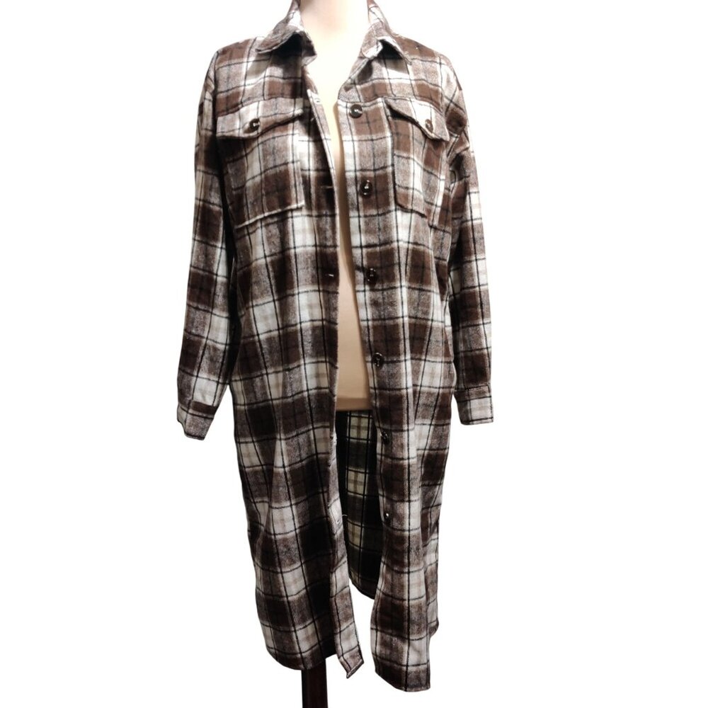 Camellia M Brown Plaid Longline Shirt Jacket Chest Pockets Button Front Shacket - Picture 7 of 9